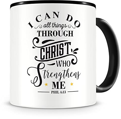 Samunshi® Christ Who Strengthens Me Tasse Glaube Jesus Bibelvers Geschenk Kaffeetasse Teetasse Kaffeepott Kaffeebecher Becher 300ml schwarz