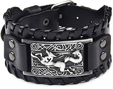 Schwarzes Lederarmband Antik Silber Viking Fox Celtic Knot Irische Manschette Breite Lederarmbänder Punk-Stil Armband Armreifen