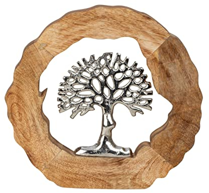 Lifestyle & More Escultura Moderna Figura Decorativa árbol de la Vida en círculo de Aluminio sobre Base de Madera Plata/marrón D 26 cm