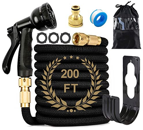 200FT Expandable Garden Hose Pipe Set & 8 Function Spray Nozzle Flexible Expanding Magic Hose with 3/4'' & 1/2'' Fittings for Garden,Home (Black)
