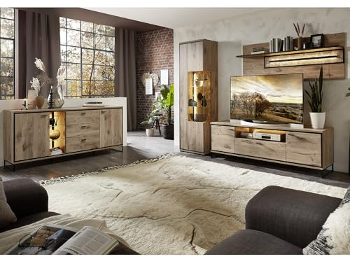 Lomadox Wohnmöbel Set Wohnwand braun 4-teilig Modern, 1 Vitrine, 1 Sideboard, 1 Lowboard, 1 Wandboard