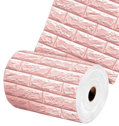 HAILM 53.8 Sq.Ft 3D Panneaux Muraux Peel et Stick Auto-Adhésif Étanche, Widths 50cm Length 10m, 3D Faux Brick Wallpaper, Panneaux Acoustiques pour Décoration Murale Intérieure,Rose