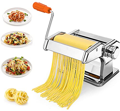 PTATT Stainless Steel Pasta Maker Machine,2 in 1 Roller with Pasta Cutter - 6 Adjustable Thickness Settings - Includes Cutter, Hand Crank, and Instructions Silver