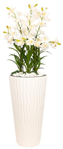 B4y Home dESING Künstliche Blumen Orchidee sehr groß im Topf XXL 140cm Gesamthöhe Textilblume Orchideengesteck Wie Echt für Heimbüro Hoteldekoration oder Wohnzimmer (Topf weiß Welle | weiße Blüten)