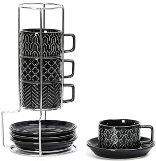 Sureasy 4 Ounce Ceramic Espresso Cups Set of 4 - Stackable Demitasse Cups with Saucers & Metal Stand, Coffee Cups for Latte, Tea, Dishwasher & Oven Safe, Black