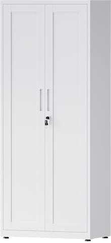 LVSTEEL Aktenschrank, abschließbarer Mehrzweckschrank mit 3 höhenverstellbaren Einlegeböden, Stahl-Büroschrank mit 2 Türen, Weiß, 181.5×75×40 cm
