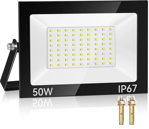 50W Projecteur LED Exterieur, 72 Puces 5000LM 7000K Spot Extérieur, IP67 Imperméable Blanc Froid Eclairage de Sécurité LED, Luminaire Exterieur Pour Patio, Terrasse,Usine,Garage, Jardin