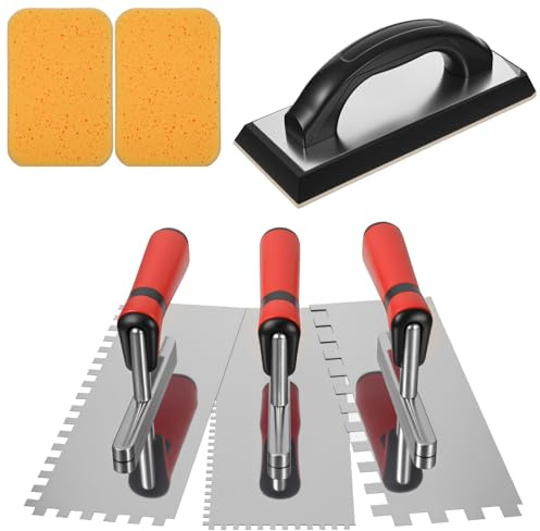 6 Pcs Tile Trowel Tools Set Include 3 Pcs Stainless Steel Square Notch Trowel, 1 Rubber Grout Float and 2 Grout Sponge for Masonry Tiling Tools and Flooring Installation