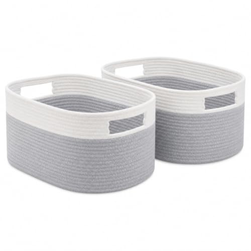 Woodluv Woven Storage Baskets Set of 2, Cotton Rope Basket for Shelves Closet, Shelf Baskets for Books Toys, Towels, for Home Bathroom Decor, 33x23x20cm, Grey