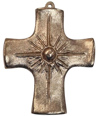 Herzmensch Kleines Kreuz aus massiver Bronze 7 x 8 cm gold als Wandkreuz oder Grabkreuz zum Aufhängen oder als Geschenk für Trost und Trauernde