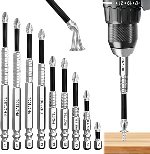 UHETLET 9 PCS Puntas de Destornillador Magnético 25/50/65/70/75/90/100/120/150mm, Brocas Atornillador Magneticas, Puntas Antideslizantes para Atornillar, Punta de Destornillador para Taladro Eléctrico