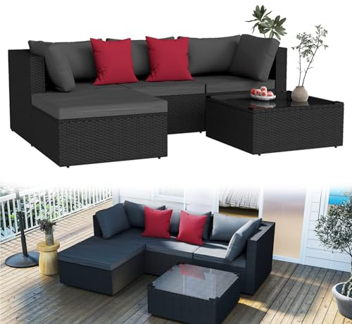 XINZI Gartenmöbel Set Polyrattan Lounge Balkonmöbel für 3-4 Personen Sitzgruppe Gartensofa Schwarz mit 3er Sofa, Sessel, Hocker, Tisch und Kissen, Wetterfest, Outdoor Möbel Terrasse Garten