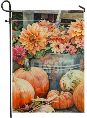 Drapeau floral d'automne pour jardin, citrouille dahlia orange, bannière de jardin, bannière de jardin, drapeau de cour double face en toile de jute, décoration de pelouse extérieure d'automne 30,5 x