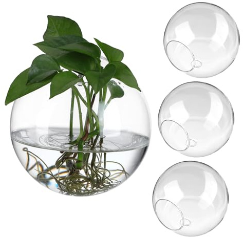GARIOUANS 4 Stück Runde Glas Wandvasen 13,5cm Transparent Hängende Wandpflanzgefäße Für Hydrokultur Und Zimmerpflanzen Wand Anzuchtstation Für Wohnzimmer Büro Café