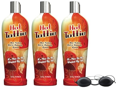 Hot Tottie Tanning Accelerator Lotion 250ml 3 Pack with Sunbed Goggles – Tingling Tan Enhancer with Vitamins A C E, Mango & Cocoa Butter, Candyfloss Mocha Fragrance for Sunbeds & Natural Sunlight
