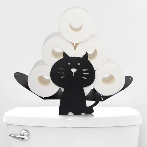Toilet Roll Holder Free Standing - Novelty Toilet Paper Storage 7 Roll - Capacity Black Powder Coated Steel Modern Bathroom Accessories - Loo Roll Stand Funky Funny Design Home Decor (Cat)