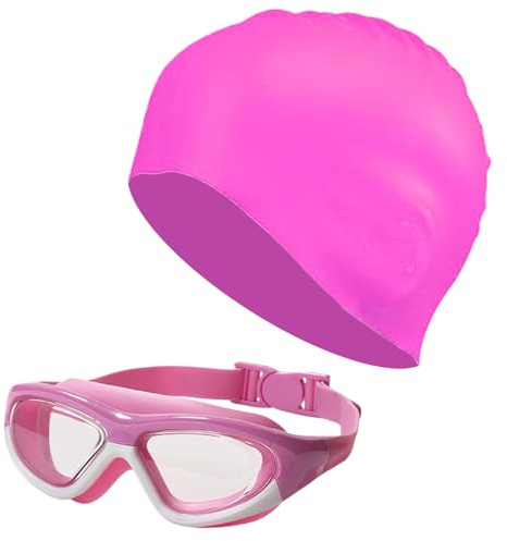 MUNSKT Swimming Goggles Attrezzature da nuoto per bambini (6-16 anni) – Occhialini da nuoto anti appannamento UV + cuffia da bagno, visione grande, anti-perdita, per ragazzi e ragazze (rosa-bianco)