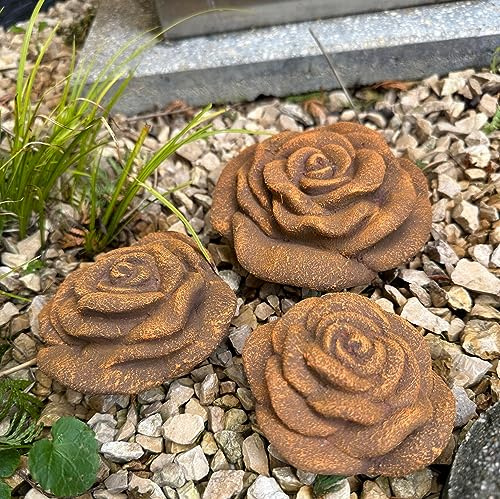 Radami 3 er Set Stein Rose Steinrose Rosenblüte Blüte Blumen Steinguss frostfest wetterfest Garten Deko Rost Metall Optik Handarbeit/aufwendig von Hand bemalt