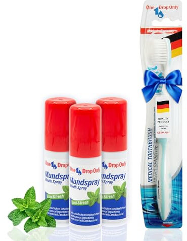 One Drop Only antibakterielles Mundspray gegen Mundgeruch mit natürlichen Inhaltsstoffen für eine effektive Mundhygiene, frischer Atem Spray, mouth spray fresh - 3er Pack plus extra Zahnbürste ON TOP