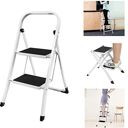 Huini Tritthocker 2 Stufen Trittleiter Stahl Klapptritt Haushaltstritt Stehleiter Klappbar Stehleiter bis 150 kg für Zuhause/Küche/Büro