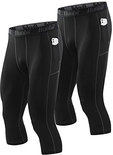 Runhit 3/4 Compression Pants Men with Pockets,(2 Pack) Running Pants Tights Leggings for Men Workout Athletic Base Layer Yoga Shorts