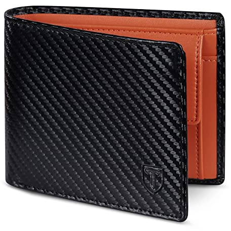 TEEHON® Herren-Geldbörse aus echtem Leder, mit RFID-/NFC Blockierung, 9 Kreditkartenfächer, 2 Geldscheinfächer, Klassische Geldbörse mit Geschenkbox – Schwarz, Schwarz/Orange, Schwarz/Orange, s,