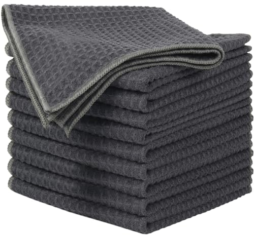 SINLAND 10 Stücke Mikrofaser Geschirrtücher fusselfrei Küchenhandtücher schnell trocknend Waffeltücher wiederverwendbar Putztücher waschbar Handtücher für Küche Geschirr Haushalts 33x33 cm Grau