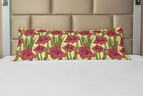 ABAKUHAUS Blume Körper Kissenbezug mit Reißverschluss, Gladiolen Muster, Deko-Akzent Langer Kissenbezug, 53 x 137 cm, Gelbe Koralle und Grün