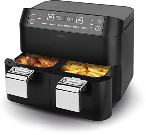 MAXXMEE Heißluft-Fritteuse Doppelkorb 7,6 Liter | Digitale Doppel Heißluftfritteuse mit zwei Kammern 2x 3,8 Liter, zeitgleiches Garen von 2 verschiedenen Mahlzeiten | 6 Programme [2400 Watt]