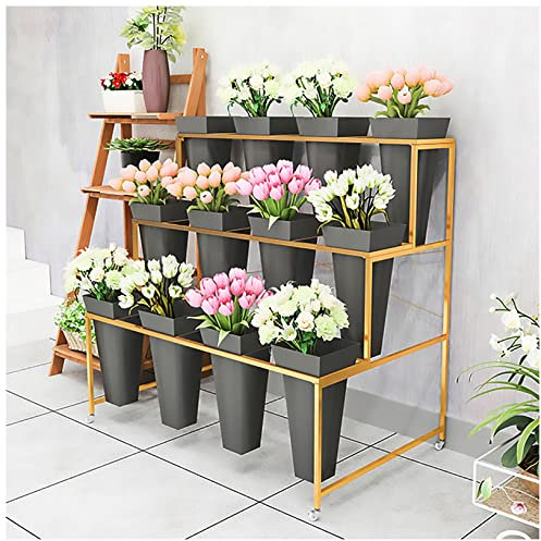 Espositore per fiori con 12 secchi, supporto per piante in metallo a 3 strati, ripiano per carrello per piante, per interni ed esterni, giardino, soggiorno, fiorista (nero - secchio quadrato)