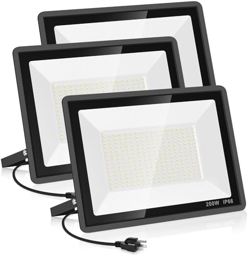 YANYCN 3 Pack 200W LED Flood Light,Super Bright Exterior Security Lights With Plug,IP66 Waterproof Outdoor Flood Light, 22800lm 5000K Daylight White Floodlight for Yard, Garden,Basketball Court, Arena