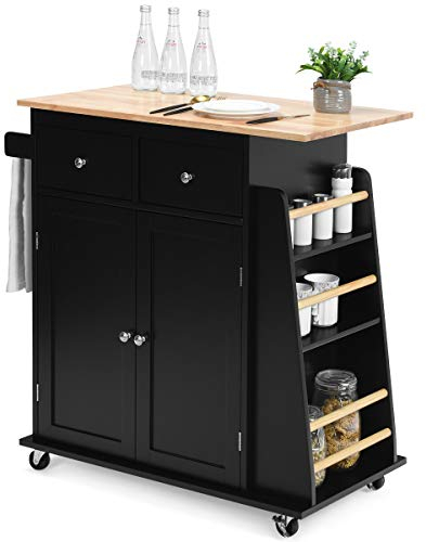 GOPLUS Kücheninsel mit Rollen, Servierwagen mit 2 Schubladen, 3-stöckigem Gewürzregal, Handtuchhalter Schrank, Gummiholz Arbeitsplatte & feststellbaren Rädern für Esszimmer Küchen (Schwarz)