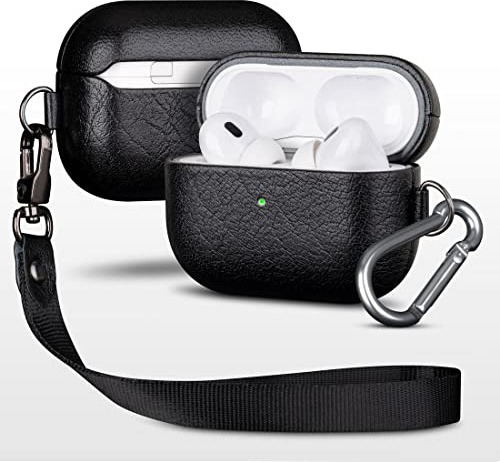 Haobobro Étui en Cuir Végétal pour AirPods Pro 2ᵉ Génération 2022 - Coque avec Dragonne et Porte-clés - Housse de Protection - Noir