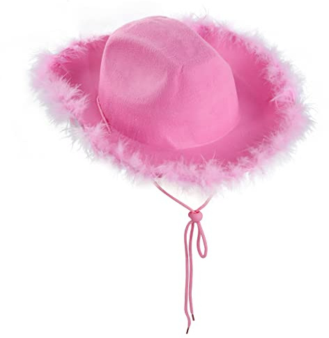 Iceten Cowboyhut für Damen, Rosa Cowboyhut mit flauschiger Federkrempe Faschingshüte Disco Cowgirl Hut Partyhut für Halloween Karneval Rollenspiel Cosplay Geburtstagsparty Zubehör