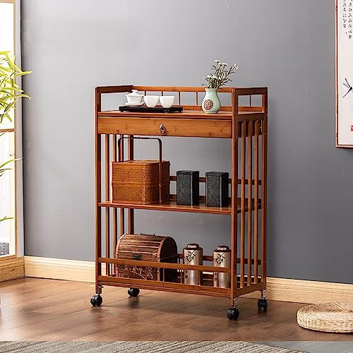 XIAOZHUANGXIONG Rollwagen mit Schubladen, Gesunder Bambus, Klassische Form, Leicht zu Reinigen, Dreistufiger Trolley mit Retro-Griffen und Stabilen Rollen (Size : 50 * 29 * 95cm, Color : with Drawer)
