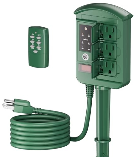 BN-LINK Outdoor Power Stake with Dusk to Dawn Timer, Waterproof 6 Grounded Outlets, 6FT Cord, 100FT Remote Control, Heavy Duty Outdoor Plug for Christmas Lights, Yard, Garden, ETL Listed