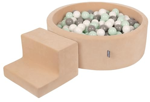 KiddyMoon Parque Terciopelo Infantil De Espuma con Rodondo Piscina De Bolas Piscina (100 Bolas) + Escalones para Niños, Beige De Arena: Blanco/Gris/Menta