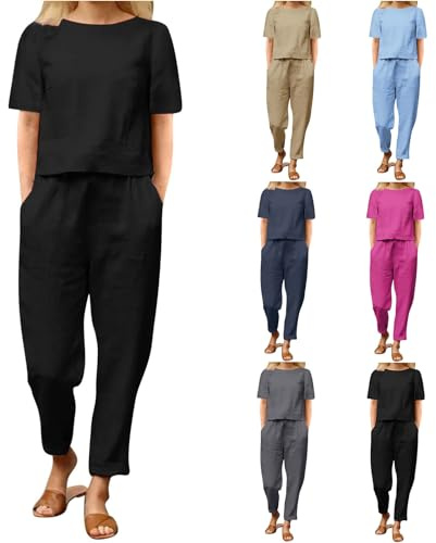 Baumwoll Leinen Zweiteiler Damen Hosenanzug Sommer Bequem Jogginghose Set Pullover Rundhals T-Shirt Fitnessanzug Caprihose Anzug mit Taschen und Kordelzug 2-Teilige deals of the day