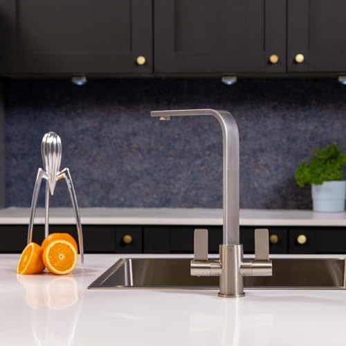 flöde Paddla | Dual Lever Kitchen Tap | Swan Neck Design | Modern Dual Lever Kitchen Tap | Transform Your Kitchen Space (Brushed Steel)