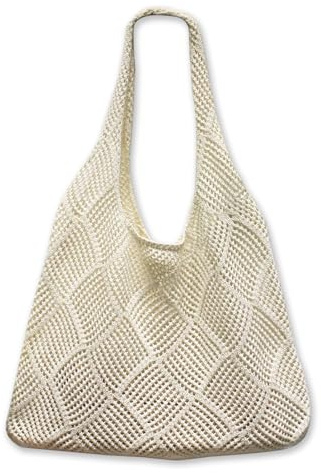 JSTHHTT Gehäkelter Strandtasche für Frauen, Retro Sommer Gewebte Tasche, Große Kapazität Casual Hobo für Reisen, Urlaub und Einkaufen (Beige)