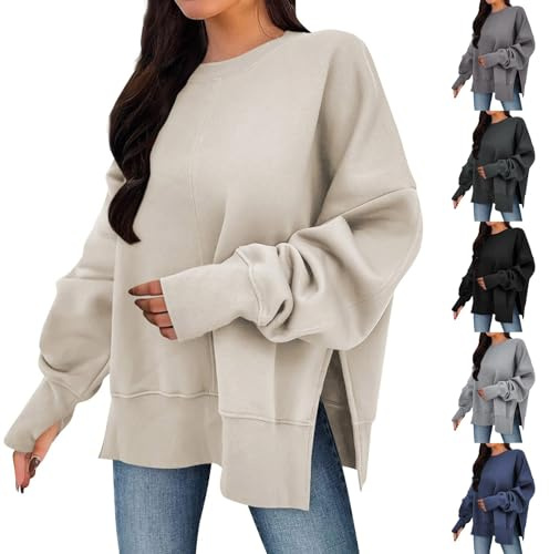 Women's Casual Pullover UK Sale Clearance Ladies Plain Oversized Sweatshirts Crewneck Jumpers Long Sleeve Tops Side Split Sweatshirt with Thumb Holes Baggy Sweaters Loose Blouse Lightweight Jumper