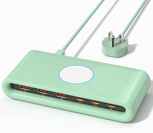 VPSUN USB Charging Station 40W 6 Port,Multiport Charger Block,20W USB-C Charge Power for iPhone,Samsung，Tablet,and more (Green, 40W)