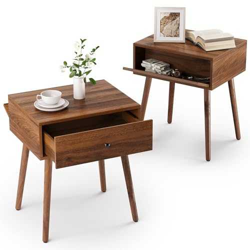 LUE BONA Nachttisch 2er Set Holz mit Versteckten Fächern, Moderner Nachtschrank mit Stauraum für Schlafzimmer, Wohnzimmer, Flur, Walnussbraun