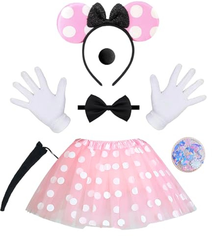 Xerteam Mini Mouse Kostüme Damen=Tutu+Minimaus Ohren Stirnband+Fliege+Handschuhe+Nase+Bunte Make-up-Aufklebe+Schwanz, Rosa Maus Kostüm für Erwachsene, Faschingskostüme Damen für Party Maskerade
