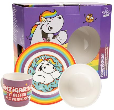 Set da colazione Pummel & Friends Pummeleinhorn - Set di stoviglie arcobaleno 3 pezzi in porcellana con piatto, tazza e scodella