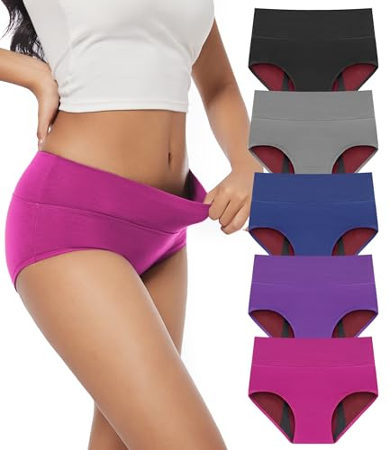 CAOZITOU Women's Incontinence Underwear, 100ml Leak-Proof Period High Waisted Brief Heavy Flow Bladder Leak Washable Cotton 5 Pack (Multicolor01, XXX-Large)
