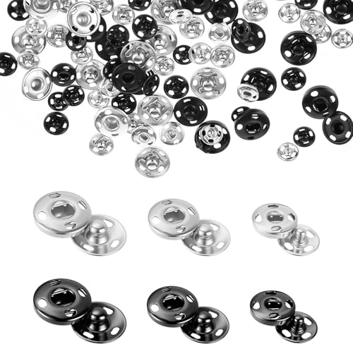 60 Sets Sew-on Snaps Buttons Sewing Snaps Fastener Snap Button Kits for Fabric Metal Snaps Fasteners Press Studs Buttons for Sewing, Black and Silver