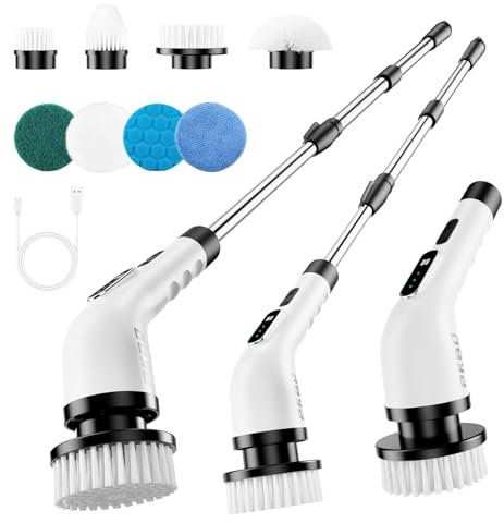 PKBD Electric Spin Scrubber, 2025 Upgrade Waterproof Cordless Electric Cleaning Brush with 8 Replaceable Heads, Digital Display, Three Clean Speeds, Retractable Handle, for Bathtub, Tile, Floor