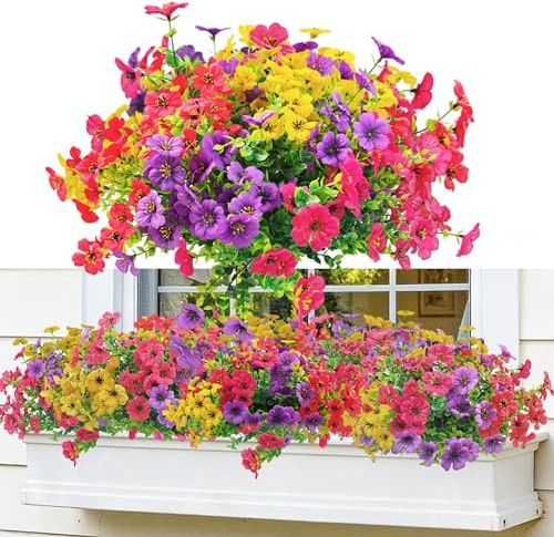 LuckyCao 8 Bündel Kunstblumen wie Echt Künstliche BlumenBalkon Kunstblumen | UV-beständig Außen Frühling Kunstblumenstrauß Wetterfest Balkonpflanzen Seidenblumen für Balkonkasten Garten Innen Outdoor