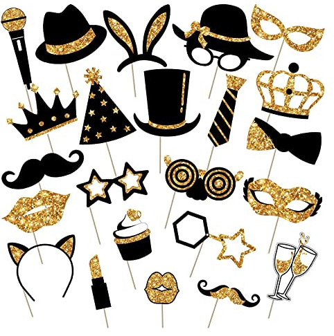 24 Pcs Accesorios Photocall para Cumpleaños, Foto Props de Fiesta de Sombreros, DIY Photo Booth Props,Accesorios Photocall para Fiesta Cumpleaños Boda Comunión Navidad(Oro)